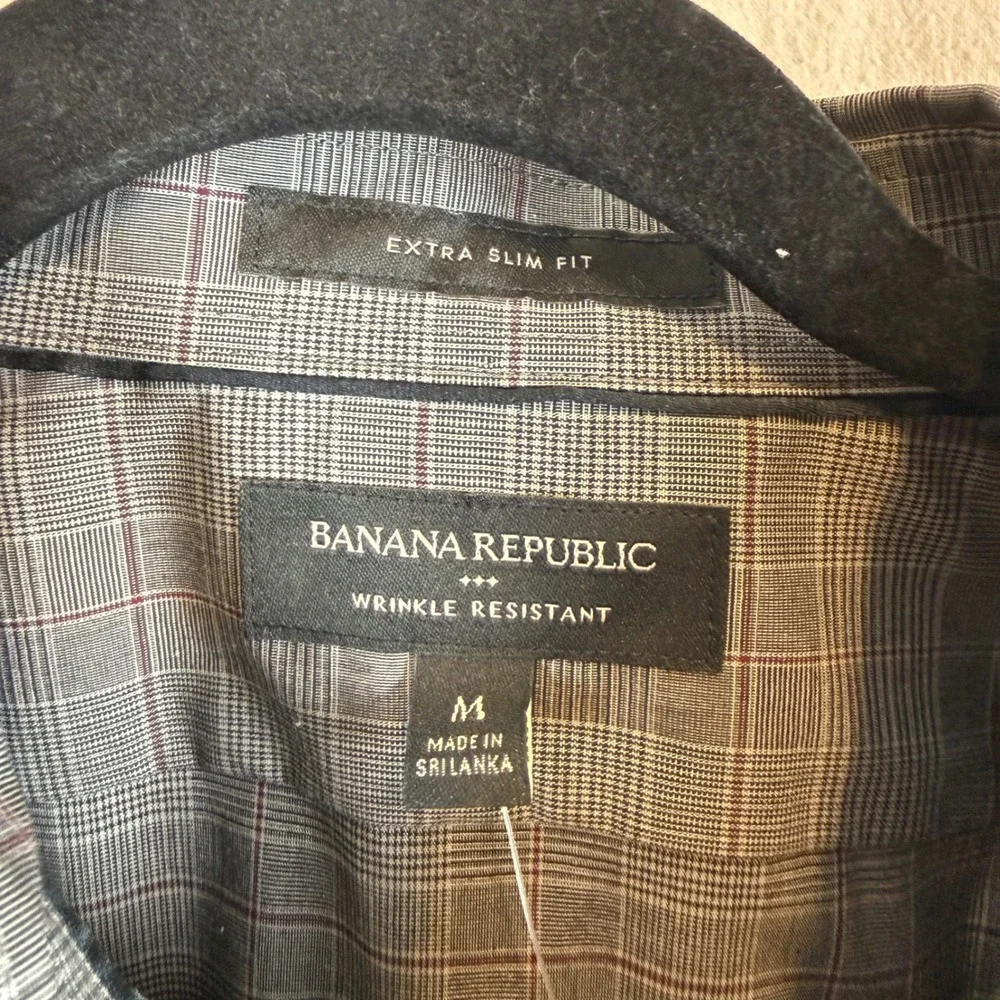 New Banana Republic Mens Extra Slim Fit Wrinkle Resistant Plaid‎ Shirt Grey Med